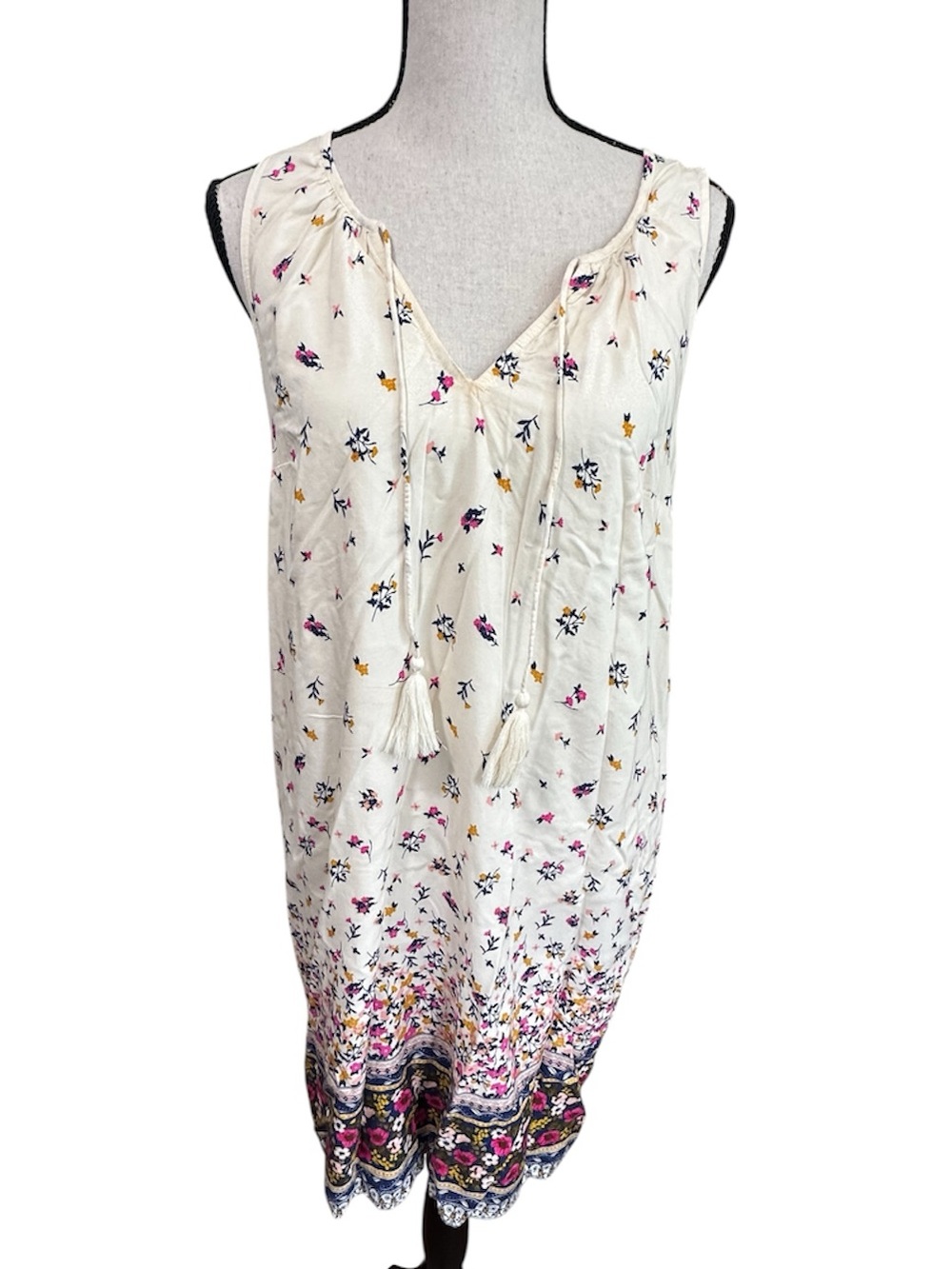 Old Navy Navy Floral Tassel Cream Tie-Front Sleeveless Dress